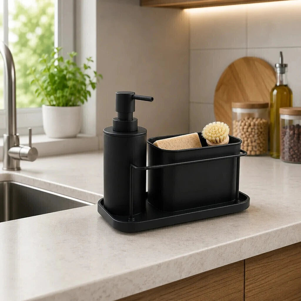 Organizador de bacha negro mate con dispenser de detergente y esponja